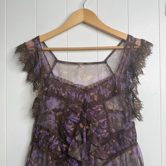 Free People tunic top floral lace sheer ruffled boho mesh top Large - Picture 5 of 8